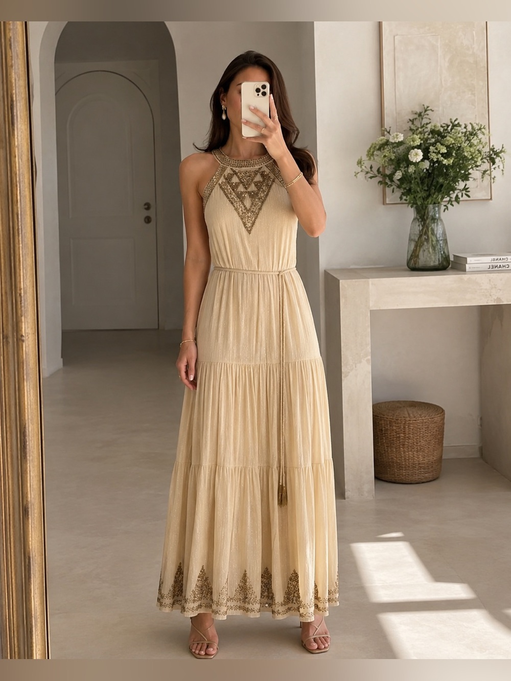 Kobi Halperin Paige Beige Beaded Halter Tiered Maxi Dress Size M NWT